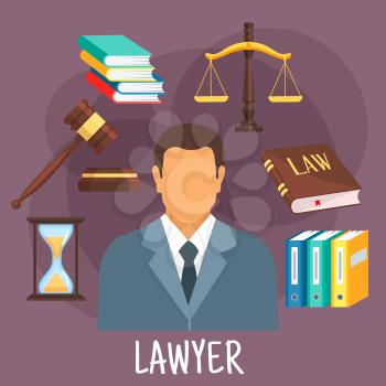 Confident lawyer in business suit icon with scales of justice, law book and gavel of judge, pile of books, hourglass and folders with cases. Legal protection and lawyer services design. Flat style
