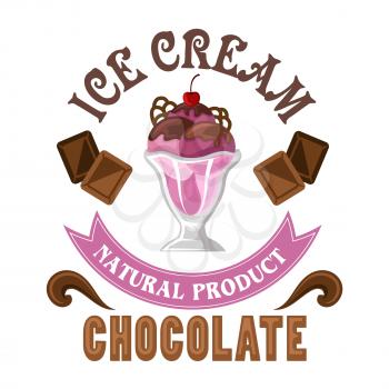 Cherry ice cream dessert icon served in tall glass with chocolate sauce, garnishes and maraschino cherry on the top. Fruity sundae, encircled by chocolate bars and splashes for cafe symbol or dessert 