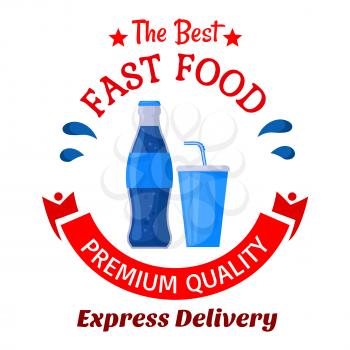 Sweet soft beverages icon of glass bottle and fast food takeaway cup of soda drinks decorated by stars, water splashes and ribbon banner below. Use as fast food cafe or food delivery service design