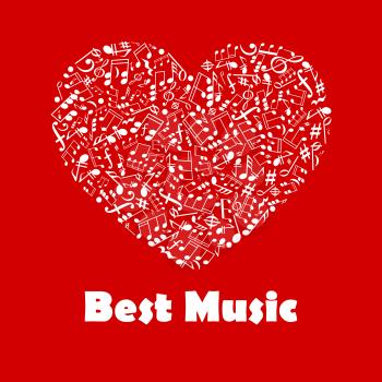Best Music poster. Musical notes elements in heart shape. Creative graphic illustration for banner, flyer, emblem, icon, radio, festival, concert, opera, advertising web design