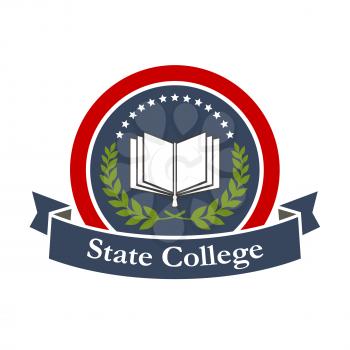 State college emblem design with book, stars, blue ribbon and leaf branch. Vector insignia label for university, college, high school. Education and study graphic icon illustration.