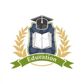 Education shield emblem with book, graduation cap, green ribbon and leaves branches. Vector label icon for university, college, high school