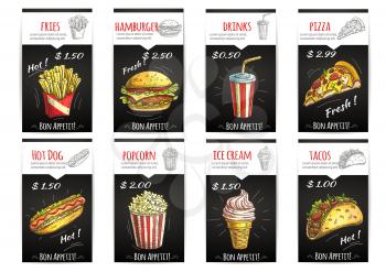 Fast food menu poster with description and price label. Isolated sketch icons elements of fries, hamburger, drinks, pizza, hot dog, popcorn, ice cream, tacos
