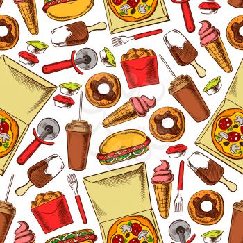 Fast food snacks, drinks and desserts. Seamless pattern background. Wallpaper with color sketch icons of hot dog, pizza, ice cream, donut, coffee, chicken wings and legs basket
