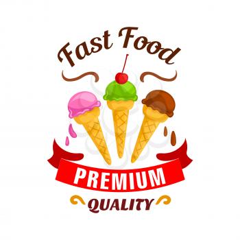 Fast food dessert label design. Ice cream elements with cherry topping. Vector premium emblem of ice-cream in cones for restaurant, eatery menu, signboard, poster