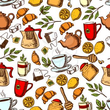 Teatime seamless background. Wallpaper with vector pattern icons of tea, dessert, sweets, teapot, croissant, cup, honey sticks, lemon, sugar tea leaves