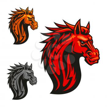 Fierce powerful horse head chess stylized emblems set. Vector icons of spiky fire mane for sport club emblem, team shield, icon, badge, label, tattoo