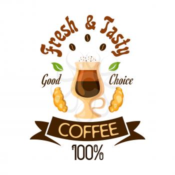 Coffee cafe poster. Coffee latte in glass with cream topping and croissants. Label design for cafeteria door sticker, tag, signboard, menu card, coffee shop