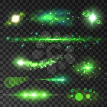 Green light sparkles. Lights and flashes with lens flare and bokeh effect. Vector shining stars and sun elements on transparent background