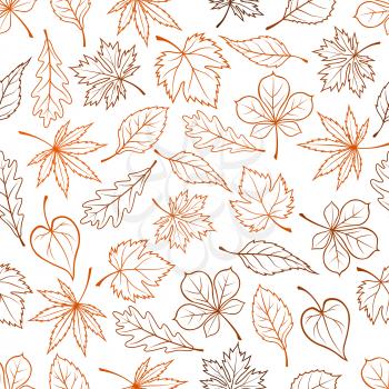 Leaves outline seamless background. Autumn foliage wallpaper with vector pattern of leaf silhouette icons maple, oak, birch, aspen, chestnut, elm, poplar