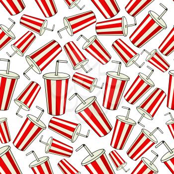 Coke paper cup seamless background. Classic red striped cup with drinking straw and lid. Fast food drink vector wallpaper decoration for restaurant, eatery menu