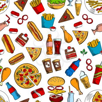 Fast food seamless background. Wallpaper with vector pattern of snacks and drinks icons hamburger, cheeseburger, coke, fries, hot dog, pizza, ice cream, coffee, chicken leg, ketchup, mustard, cake for