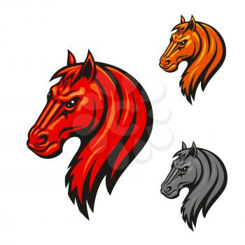 Horse head emblem with fierce black eyes. Aggressive powerful mustang vector icon for hippodrome, sport club emblem, team shield, badge, label, tattoo