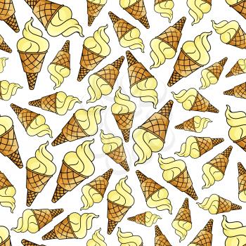 Ice cream waffle cone seamless background. Wallpaper with dessert pattern vector icons of vanilla ice cream scoops for cafe, restaurant menu, decoration