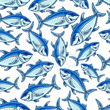 Swimming blue fishes seamless pattern with flock of cartoon atlantic tuna fishes over white background. Seafood and fishing sport themes design