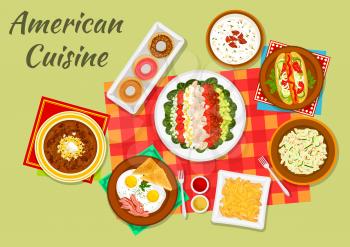 American cuisine typical dinner sign with hot dog, french fries, eggs with bacon and toast, vegetable cobb salad, glazed donut, bacon chowder soup, cucumber salad and baked beans with bacon