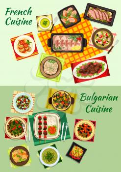 French and bulgarian cuisine icon with lamb kebab, baked cod in bechamel sauce, fish and meat salads, vegetable and meat stew, cabbage and pea soups, cabbage roll, meat dishes with prunes and sauce