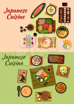 Japanese cuisine icon of sushi, sashimi, grilled beef with vegetables, seafood skewers, fried shrimps and chicken liver, chicken and prawn cream soups, beef noodles, seafood and tofu soups, tea