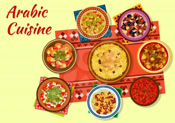 Arabic cuisine authentic dishes icon with chicken rice, beef pea soup, tomato bean stew, vegetable salad, lamb tagine with dried fruits, veal vegetable stew and baked zucchini salad