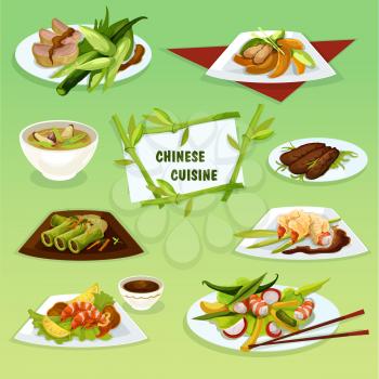 Chinese cuisine icon of refreshing food with peking duck, pork rice soup, snacks with spicy fried shrimps and butter prawns, seafood and duck salads, cabbage rolls with pork and chicken peach salad