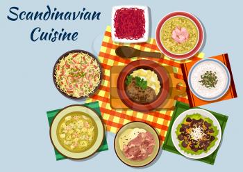 Scandinavian cuisine icon with norwegian beef stew, mushroom cream soup, pike roe sandwich and boiled lamb, dutch pasta and red cabbage salads, swedish salmon cream soup, liver salad and pork pea soup