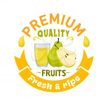Fresh and ripe green pear fruit with glass of sweet juice, framed by yellow ribbon banner and juice splashes. Farm market or natural fruit beverages packaging design