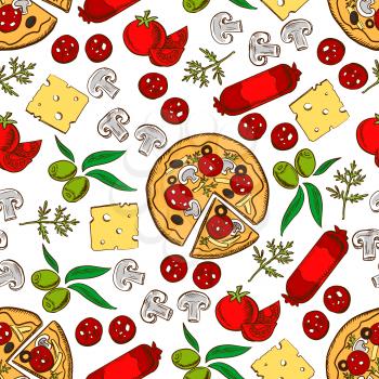 Italian cuisine pizza and topping ingredients seamless pattern with pizza, tomato vegetable, cheese, mushroom, green olive fruit, sausage and fresh dill. Pizzeria and cafe menu design