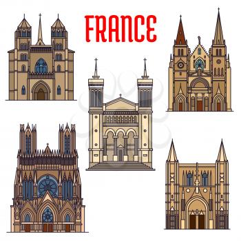 Travel landmarks of french gothic architecture icon with linear Church of Saint-Nizier, Basilique de Fourviere, Reims Cathedral, roman catholic Dijon Cathedral and Basilica of Saint Denis