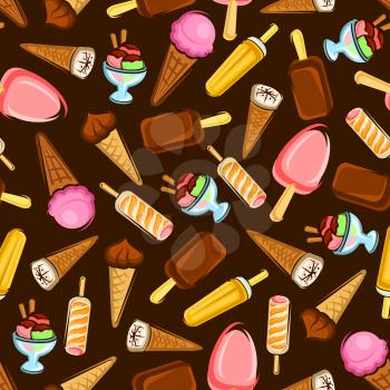 Ice cream desserts seamless pattern with strawberry and chocolate ice cream cone and stick, fruity popsicle and sundae desserts on brown background. Dessert menu design