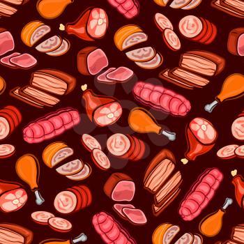 Sausages and meat products seamless pattern of pork sausage, ham, fried chicken leg, meat roll, baked tenderloin, corned beef and meat loaf on maroon background