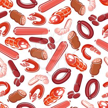 Fresh meat sausage, salami, frankfurter, pepperoni, chorizo, bologna and blood sausage seamless pattern. Meat products background for butcher shop design
