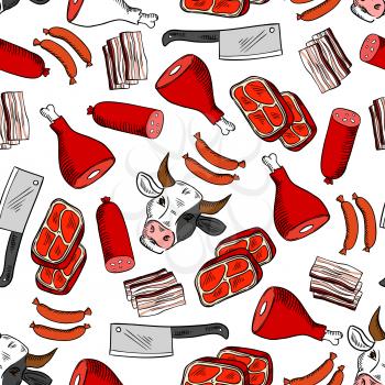 Fresh meat cuts and butcher shop seamless pattern with sausage, beef steak, ham, bacon, cow head and butcher knife. Butchery, stock farming design