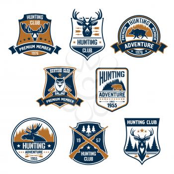 Hunting club icons set. Vector hunt sports emblems and labels with animals, boar, deer, elk, bear, antlers, owl, rifles, arrows, forest. Hunter premium membership identity badge, t-shirt outfit