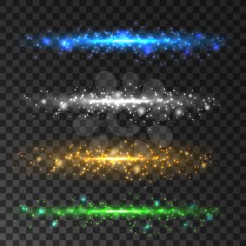 Glittering light particles. Sparkling glitter line. Green, white, golden, blue lens flare sparkles on transparent background