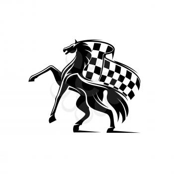 Horse with waving checkered flag. Stallion horse race icon. Car races vector label for sport club, bookmaker signboard, team shield, badge
