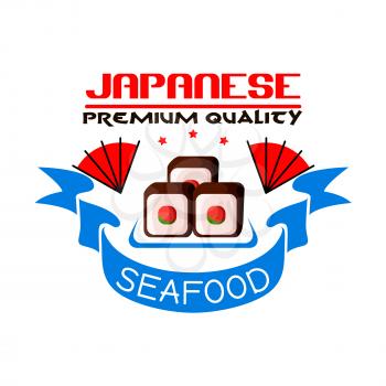 Japanese seafood restaurant icon. Sushi rolls, blue ribbon, stars. Oriental cuisine design for restaurant, eatery and menu. Advertising sticker for door signboard, poster, leaflet, flyer