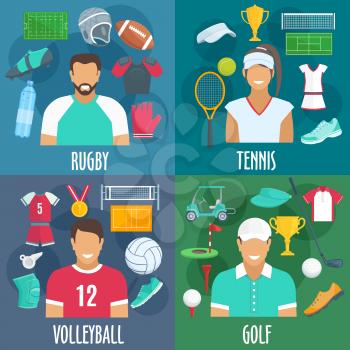 Rugby, tennis, volleyball, golf sport icons. Players equipment and sportswear outfit accessories. Vector elements of balls, t-shirts, gloves, bottles, shoes, playing field