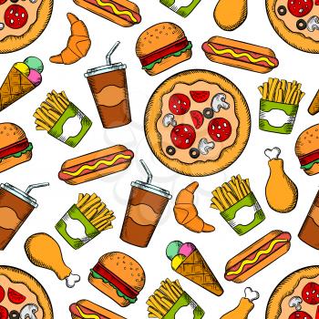 Fast food seamless sketch background. Wallpaper with vector pattern of snacks, drinks and desserts hamburger, pizza, hot dog, ice cream, chicken leg, burger, croissant, fries. Kitchen or restaurant de