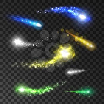 Glittering light trails set of comets and shooting stars. Twinkling sparkler flash tails on transparent background