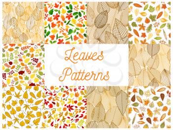 Autumn fallen leaves seamless patterns set with autumnal foliage and branches of forest trees, acorn, rowanberry fruit. Autumn season theme, scrapbook page backdrop design
