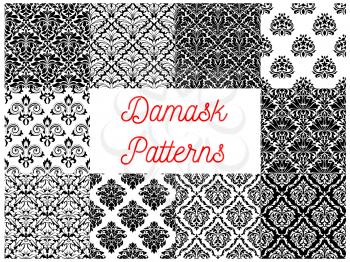 Damask pattern set of black and white seamless background with floral arabesque ornaments. Interior textile print or wallpaper design
