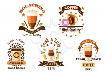 Coffee drinks badges with mug of americano, espresso takeaway cup and glasses of cappuccino, latte and mocha with whipped cream, croissant, donut, coffee beans, ribbon banners and stars
