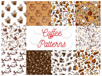 Coffee drink seamless patterns set with brown coffee cup, pot, cake, chocolate and cupcake. Food and beverage packaging design