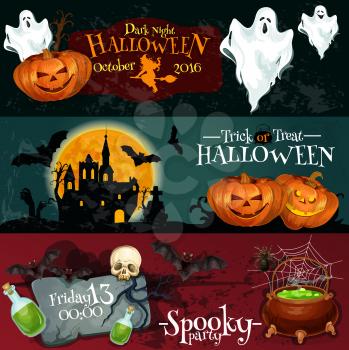 Design for Halloween signboards and posters with vector elements of pumpkin lantern, white flying ghosts, haunted vampire castle with midnight full moon background. Posters text Trick or Treat, Dark N