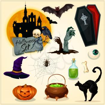 Horror decoration elements for Halloween design. Witch hat, magic cauldron, zombie hands on graveyard, haunted castle, vampire coffin, black cat and bats, creepy pumpkin lantern. Vector symbols and ic