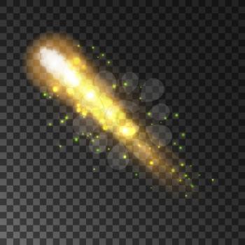 Golden glittering comet with sparkling light trail. Shining sparks and particles of shooting star on transparent background