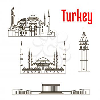 Historic landmarks, sightseeings, famous showplaces of Turkey. Vector thin line icons of Hagia Sophia, Galata Tower, Sultan Ahmed Mosque, Anitkabir for souvenir decoration elements