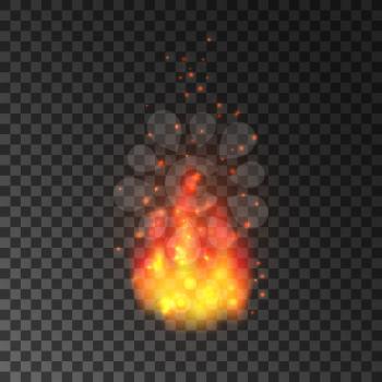Realistic fire with sparks. Blazing burning flames isolated on transparent background