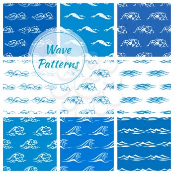 Waves pattern backgrounds. Wallpaper tiles with vector icons of blue and white ocean and sea waves. Tide, storm, wind, foamy wave elements
