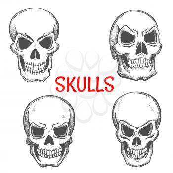 Skulls sketch icons. Skeleton craniums crossbones for halloween decoration, cartoon, label, tattoo, religious decoration elements